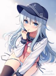 Rule 34 | absurdres, anchor symbol, black thighhighs, blue eyes, breasts, dated, finger to mouth, flat cap, hat, hibiki (kancolle), highres, kantai collection, long hair, long sleeves, nipples, no pants, panties, sasachin (k+w), shirt, side-tie panties, small breasts, thighhighs, twitter username, underwear, untied panties, white hair