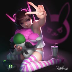 Rule 34 | 10s, 1girl, 2016, backlighting, brown hair, condensation, controller, cup, d.va (overwatch), dark background, dated, drinking straw, emblem, facepaint, facial mark, feet, foreshortening, full body, game controller, glowing, headphones, holding, long hair, looking at viewer, meka (overwatch), no shoes, overwatch, overwatch 1, panties, pink eyes, puddle, shirt, signature, sitting, skindentation, smile, solo, striped clothes, striped thighhighs, stuffed toy, swept bangs, tank top, thighhighs, underwear, underwear only, v, wariza, whisker markings, white panties, white shirt, zhaoyebai