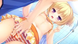 Rule 34 | 1boy, 1girl, bikini, bikini top lift, blonde hair, blunt bangs, blush, breasts, cameltoe, clothes lift, dutch angle, fingering, fingering through clothes, from below, game cg, highres, looking at viewer, masturbation, mikagami mamizu, navel, nipples, open mouth, parfil, purple eyes, small breasts, striped bikini, striped clothes, swimsuit, through clothes, wings, world election