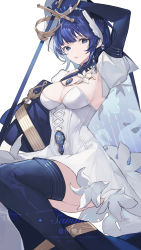 Rule 34 | 1girl, absurdres, blue eyes, blue gloves, blue hair, breasts, cleavage, commission, dress, elbow gloves, fanshu, gloves, highres, holding, holding sword, holding weapon, image sample, looking at viewer, medium breasts, original, parted lips, sample watermark, short hair, simple background, solo, sword, thighs, watermark, weapon, white background, white dress
