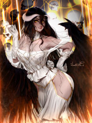 Rule 34 | 1girl, albedo (overlord), aleriia v, angry, black feathers, black hair, black wings, breasts, demon girl, demon horns, dress, fangs, feathered wings, feathers, gloves, highres, horns, large breasts, long hair, looking at viewer, low wings, overlord (maruyama), skull, solo, white dress, white gloves, wings, yellow eyes