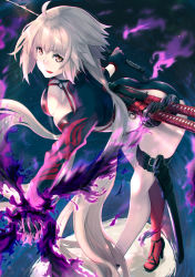 Rule 34 | 1girl, absurdly long hair, alternate costume, bikini, bikini bottom only, black bikini, choker, commentary request, cropped jacket, fate/grand order, fate (series), fire, flaming hand, full body, hair blowing, high heels, highres, holding, holding sword, holding weapon, jeanne d&#039;arc alter (swimsuit berserker) (fate), jeanne d&#039;arc (fate), jeanne d&#039;arc alter (fate), jeanne d&#039;arc alter (swimsuit berserker) (fate), katana, leaning forward, legs, long hair, looking at viewer, mille (dieci), o-ring, o-ring bikini, o-ring footwear, o-ring top, purple fire, red thighhighs, sheath, short hair with long locks, single thighhigh, solo, strappy heels, swimsuit, sword, thigh strap, thighhighs, thighs, tongue, tongue out, very long hair, weapon, white hair, yellow eyes