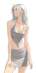 Rule 34 | 1girl, absurdres, arm at side, arms at sides, bare arms, bare shoulders, breasts, camisole, cleavage, collarbone, commentary, contrapposto, cowboy shot, crop top, english commentary, green eyes, grey camisole, grey skirt, hand on own leg, highres, light smile, long hair, medium breasts, midriff, miniskirt, nape, navel, original, sidelocks, simple background, skirt, solo, standing, tbocart, turning head, white background, white hair