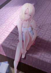 Rule 34 | 1girl, bare legs, bare shoulders, barefoot, bed, bed sheet, blonde hair, blue eyes, book, breasts, cleavage, collarbone, commentary request, dress, highres, indoors, knee up, looking away, medium breasts, on bed, original, short hair, sitting, solo, white dress, zaregoto tsukai no deshi