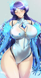 Rule 34 | 1girl, bare shoulders, blue fire, blush, breasts, brighid (water lily) (xenoblade), brighid (xenoblade), cleavage, closed eyes, covered navel, elbow gloves, fiery hair, fire, gloves, highleg, highleg swimsuit, highres, kumakichi (cost-lost), large breasts, long hair, one-piece swimsuit, purple hair, solo, swimsuit, thighs, very long hair, white one-piece swimsuit, xenoblade chronicles (series), xenoblade chronicles 2