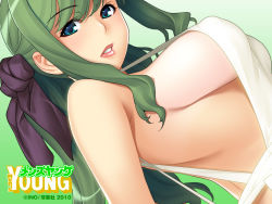 Rule 34 | 10s, 1girl, 2010, apron, aqua eyes, back, blush, breasts, covered erect nipples, green eyes, green hair, hair ribbon, housewife, ino (magloid), large breasts, lips, lipstick, long hair, looking at viewer, looking back, makeup, matching hair/eyes, mature female, men&#039;s young, naked apron, ponytail, profile, ribbon, sideboob, solo, upper body, wallpaper