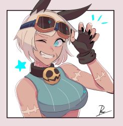 Rule 34 | 1girl, animal ears, artist name, blue eyes, breasts, cat ears, claws, collar, crop top, dark-skinned female, dark skin, facial scar, fang, fingerless gloves, gloves, goggles, goggles on head, ms. fortune (skullgirls), nadia fortune, one eye closed, pow3776, scar, scar on cheek, scar on face, signature, simple background, skullgirls, smile, solo, star (symbol), upper body, white hair, wink