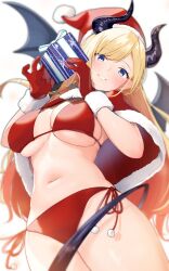 Rule 34 | 1girl, absurdres, bikini, black horns, black wings, blonde hair, box, breasts, capelet, christmas, demon girl, demon horns, demon tail, demon wings, gift, gift box, gloves, hat, highres, holding, holding gift, hololive, horns, large breasts, long hair, looking at viewer, red bikini, red capelet, red gloves, red hat, santa hat, smile, solo, swimsuit, tail, virtual youtuber, wings, yuuzuki (re&#039;ef), yuzuki choco