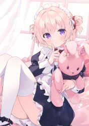 Rule 34 | 1girl, apron, black dress, black footwear, blush, bow, closed mouth, curtains, double bun, dress, feet out of frame, frilled apron, frilled dress, frills, hair between eyes, hair bun, highres, hugging object, juliet sleeves, kano hito, knees up, long sleeves, looking at viewer, maid, maid headdress, original, pink hair, puffy sleeves, purple eyes, sitting, solo, stuffed animal, stuffed rabbit, stuffed toy, thighhighs, two side up, white apron, white thighhighs, window