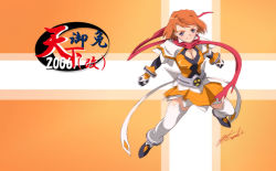 Rule 34 | 00s, 1girl, 2006, anklet, belt, breasts, cleavage, cleavage cutout, clothing cutout, dress, from above, full body, gauntlets, hisayuki hirokazu, jewelry, looking at viewer, looking up, my-otome, orange hair, orange shirt, purple eyes, scarf, shirt, shoes, short hair, solo, thighhighs, tokiha mai, wallpaper, white thighhighs, zettai ryouiki