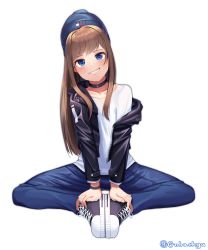 Rule 34 | 1girl, absurdres, beanie, black jacket, blue eyes, blue hat, blue pants, blush, brown hair, choker, collarbone, full body, goback, grin, hair intakes, hands on ankles, hat, head tilt, highres, jacket, knees apart feet together, long hair, open clothes, open jacket, original, pants, shirt, shoes, simple background, sitting, smile, sneakers, solo, twitter username, very long hair, white background, white shirt