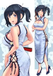 Rule 34 | 1girl, alternate costume, ass, black hair, blue eyes, blue hair, blush, breasts, china dress, chinese clothes, cleavage cutout, clothing cutout, commentary request, cowboy shot, dress, floral background, folded fan, folding fan, from behind, from side, full body, hair ribbon, hand fan, high heels, highres, kantai collection, large breasts, long hair, looking at viewer, multiple views, open mouth, pumps, ribbon, short hair, side-tie dress, sideboob, simple background, smile, souryuu (kancolle), twintails, two-tone background, wa (genryusui), white dress