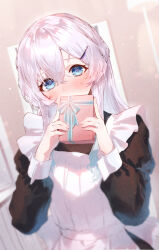 Rule 34 | 1girl, absurdres, apron, black dress, blush, covering own mouth, dress, embarrassed, eshineko, grey hair, hair ornament, hairclip, heart, heart-shaped pupils, highres, long hair, long sleeves, looking at viewer, maid, original, solo, symbol-shaped pupils, upper body, valentine, white apron