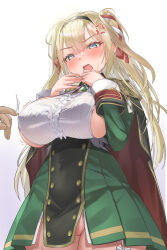 Rule 34 | 1girl, aiguillette, anger vein, azur lane, black cape, blonde hair, blue eyes, blush, breasts, cape, center frills, commentary request, covered erect nipples, covered navel, dress, epaulettes, frills, garter straps, gorizia (azur lane), green dress, groin, hair between eyes, hair ribbon, hairband, hands up, highres, kurubushi no katamari, large breasts, long hair, long sleeves, nipple stimulation, nipple tweak, no panties, open mouth, red cape, ribbon, shirt, sideboob, sidelocks, simple background, solo focus, standing, sweat, two-sided cape, two-sided fabric, two side up, white background, white shirt