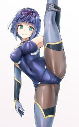Rule 34 | 1girl, absurdres, aqua eyes, arm guards, arm up, armpits, bare shoulders, blue hair, blue one-piece swimsuit, blunt bangs, blush, bob cut, breasts, brown thighhighs, closed mouth, competition school swimsuit, copyright request, covered erect nipples, covered navel, elbow gloves, gloves, grey gloves, grey thighhighs, hair ribbon, highres, impossible clothes, impossible swimsuit, koyuki (kotatsu358), leg up, looking at viewer, medium breasts, one-piece swimsuit, paid reward available, pantyhose, pantyhose under swimsuit, purple ribbon, ribbon, school swimsuit, smile, solo, split, spread legs, standing, standing on one leg, swimsuit, thighhighs