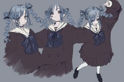 Rule 34 | 1girl, afternooners, arm up, bad id, bad twitter id, black choker, blue background, blue bow, blue hair, blue neckwear, blush, bow, choker, closed mouth, frown, grey eyes, highres, long hair, looking at viewer, looking down, looking up, original, parted lips, simple background, skirt, smile, solo, twintails, v