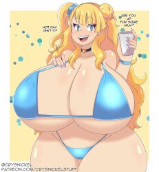 Rule 34 | 1girl, absurdres, bikini, blonde hair, blue bikini, blue eyes, blush, breasts, cleavage, collar, crysnickel, curvy, ear piercing, english text, female focus, galko, gigantic breasts, hair bun, highres, holding, holding glasses, huge breasts, long hair, looking at viewer, open mouth, oshiete! galko-chan, piercing, ponytail, side bun, side ponytail, smile, solo, swimsuit, thick thighs, thighs, wide hips