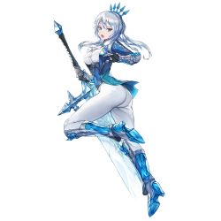 Rule 34 | 1girl, alternate costume, ass, blue eyes, boots, breasts, crown, gauntlets, huge weapon, jacket, king&#039;s raid, long hair, looking at viewer, low ponytail, official art, open mouth, pants, ponytail, scarlet (king&#039;s raid), silver hair, solo, sword, transparent background, weapon