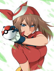 Rule 34 | 1girl, bandana, blue eyes, breasts, brown hair, closed mouth, collared shirt, commentary request, creatures (company), eyelashes, game freak, gloves, hair between eyes, hand up, henriiku (ahemaru), holding, holding poke ball, looking at viewer, may (pokemon), medium breasts, nintendo, poke ball, poke ball (basic), pokemon, pokemon (anime), pokemon rse (anime), red bandana, red shirt, shirt, short sleeves, solo, upper body, white background, white gloves, yellow bag