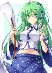 Rule 34 | 1girl, ahoge, aka tawashi, aqua background, bare shoulders, blue skirt, blush, border, breasts, commentary request, cowboy shot, detached sleeves, frog hair ornament, green eyes, green hair, hair between eyes, hair ornament, hair tubes, highres, holding, kochiya sanae, long hair, long sleeves, looking at viewer, medium breasts, midriff, navel, outside border, shirt, sidelocks, simple background, skirt, smile, snake hair ornament, solo, standing, touhou, white border, white shirt, wide sleeves