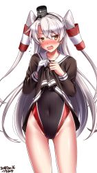 Rule 34 | 1girl, amatsukaze (kancolle), artist name, black one-piece swimsuit, blush, brown dress, brown eyes, clothes lift, collarbone, competition school swimsuit, competition swimsuit, covered navel, cowboy shot, dated, dress, dress lift, embarrassed, fang, feet out of frame, flat chest, gloves, hair between eyes, hair tubes, hat, highres, kantai collection, lifebuoy, lifting own clothes, long hair, long sleeves, looking at viewer, looking to the side, mini hat, navel, nose blush, one-piece swimsuit, open mouth, sailor collar, sailor dress, school swimsuit, short dress, silver hair, simple background, single glove, smokestack, solo, standing, swim ring, swimsuit, swimsuit under clothes, thighhighs, thighs, tsuchimiya, two side up, very long hair, wavy mouth, white background, white gloves, white sailor collar