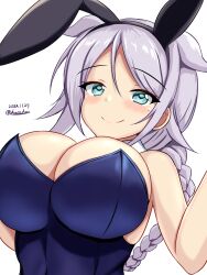 Rule 34 | 1girl, animal ears, blue eyes, blue leotard, blush, braid, breasts, cleavage, covered navel, dated, detached collar, fake animal ears, grey hair, hair flaps, hair tie, highres, kantai collection, large breasts, leotard, long hair, mole, mole under eye, montemasa, playboy bunny, smile, solo, twitter username, umikaze (kancolle), umikaze kai ni (kancolle), very long hair, white background