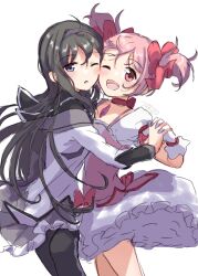 Rule 34 | 2girls, ;d, ahoge, akemi homura, asukaru (magika ru), black eyes, black hair, bow, choker, commentary request, gloves, hairband, highres, holding hands, kaname madoka, long hair, long sleeves, looking at viewer, magia record: mahou shoujo madoka magica gaiden, magical girl, mahou shoujo madoka magica, mahou shoujo madoka magica (anime), multiple girls, one eye closed, open mouth, pantyhose, pink bow, pink eyes, pink hair, purple hairband, red choker, simple background, smile, two side up, white background, white gloves