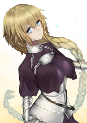 Rule 34 | 1girl, aito, armor, armored dress, blonde hair, blue eyes, blush, braid, breasts, commentary request, fate/grand order, fate (series), gauntlets, hair between eyes, headpiece, highres, jeanne d&#039;arc (fate), jeanne d&#039;arc (ruler) (fate), large breasts, long braid, long hair, looking at viewer, simple background, single braid, smile, solo, very long hair, white background