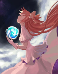 Rule 34 | 10s, 1girl, atg (wttoo0202), bad id, bad pixiv id, closed eyes, cloud, dress, earth (planet), gloves, hair ribbon, highres, kaname madoka, long hair, magical girl, mahou shoujo madoka magica, mahou shoujo madoka magica (anime), pink hair, planet, profile, ribbon, solo, star (symbol), twintails, two side up, ultimate madoka