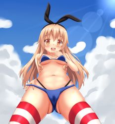 Rule 34 | 10s, 1girl, bikini, blonde hair, blue bikini, blush, breasts, brown eyes, cameltoe, cloud, colored eyelashes, covered erect nipples, day, elbow gloves, gloves, hairband, kantai collection, lens flare, long hair, looking at viewer, medium breasts, navel, nottytiffy, open mouth, shimakaze (kancolle), skindentation, sky, solo, striped clothes, striped thighhighs, swimsuit, thighhighs, underboob