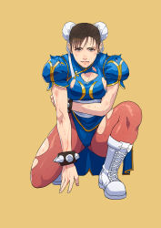 Rule 34 | 1girl, absurdres, blood, blood on arm, blue dress, boots, bracelet, breasts, brown eyes, brown hair, brown pantyhose, bun cover, capcom, china dress, chinese clothes, chun-li, cirenk, cross-laced footwear, damaged, double bun, dress, earrings, hair bun, hair pulled back, highres, jewelry, large breasts, on one knee, pantyhose, pelvic curtain, puffy short sleeves, puffy sleeves, ryona, sash, short sleeves, side slit, solo, spiked bracelet, spikes, street fighter, street fighter ii (series), torn clothes, white footwear, yellow background
