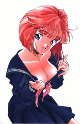 Rule 34 | 1girl, artbook, blue eyes, breasts, cleavage, cleavage reach, clothes pull, downblouse, large breasts, no bra, original, pulled by self, red hair, school uniform, serafuku, shirt pull, short hair, u-jin, undressing