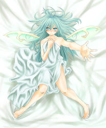 Rule 34 | 1girl, barefoot, blanket, blush, daiyousei, embodiment of scarlet devil, feet, female focus, foreshortening, green hair, hair down, long hair, looking at viewer, lying, madara hato, nude, outstretched arm, outstretched hand, reaching, solo, touhou, wings
