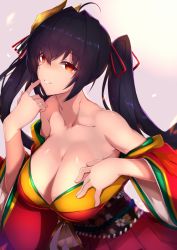 Rule 34 | 1girl, ahoge, azur lane, bare shoulders, beige background, black hair, blush, breasts, cleavage, collarbone, commentary request, crossed bangs, feathers, finger to cheek, floral print, gradient background, grey background, grin, hair between eyes, hair ribbon, hand on own chest, head tilt, huge breasts, japanese clothes, kameponde, kimono, large breasts, long hair, long sleeves, looking at viewer, mask, mask on head, nose blush, obi, off shoulder, parted lips, red eyes, red kimono, red ribbon, ribbon, sash, shiny skin, sidelocks, smile, solo, striped ribbon, taihou (azur lane), twintails, upper body, very long hair, wide sleeves
