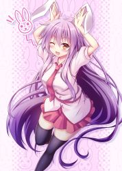 Rule 34 | 1girl, ;d, absurdly long hair, animal ears, black thighhighs, blush, breasts, highres, large breasts, lipstick, long hair, looking at viewer, makeup, necktie, one eye closed, open mouth, oubou, pink skirt, purple hair, rabbit ears, rabbit pose, red eyes, reisen udongein inaba, skirt, smile, solo, standing, standing on one leg, thighhighs, touhou, very long hair, yellow eyes, zettai ryouiki