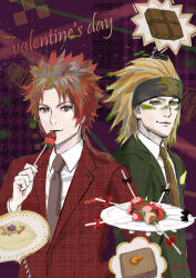 Rule 34 | 2boys, brown eyes, brown hair, chocolate, contemporary, food, formal, fruit, green eyes, green suit, happy valentine, highres, holding, holding plate, long hair, low ponytail, male focus, medium hair, multiple boys, necktie, plate, purple background, red suit, sanada yukimura (sengoku basara), sarutobi sasuke (sengoku basara), sengoku basara, shirt, spiked hair, strawberry, suit, tsuchibayashi makoto, upper body, valentine, white shirt