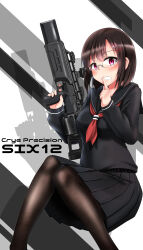 Rule 34 | 1girl, absurdres, black pantyhose, black skirt, breasts, brown hair, english text, feet out of frame, finger to mouth, glasses, hair ornament, hairclip, hands up, highres, holding, holding weapon, long sleeves, looking at viewer, medium breasts, medium hair, open mouth, optical sight, original, pantyhose, pink eyes, pleated skirt, school uniform, sekino takehiro, serafuku, six12, skirt, solo, teeth, trigger discipline, weapon