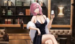 Rule 34 | 1girl, absurdres, arm support, bare shoulders, black dress, blue eyes, blurry, blurry background, breasts, cleavage, commentary request, crossed legs, cup, dress, drinking glass, elysia (honkai impact), gold bracelet, halter dress, halterneck, head tilt, highres, honkai (series), honkai impact 3rd, hs (user hvww8443), jewelry, large breasts, lips, long hair, looking at viewer, necklace, pink hair, pointy ears, red wine, sitting, smile, solo, table, thighs, wine glass