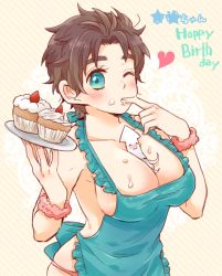 Rule 34 | 1girl, :3, ^ ^, apron, blush, breasts, brown hair, closed eyes, covered erect nipples, cupcake, finger in own mouth, food, food on face, fruit, genderswap, genderswap (mtf), green eyes, happy birthday, heart, holding, holding plate, ikublack, jojo no kimyou na bouken, jonathan joestar, large breasts, mashiro (ikublack), nearly naked apron, one eye closed, plate, scrunchie, short hair, solo, strawberry, striped, striped background