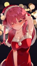Rule 34 | 1girl, armpits, black background, blush, breasts, capelet, christmas, cleavage, dress, ganko-chan (shashaneko123), hat, highres, hololive, houshou marine, jewelry, large breasts, long hair, looking at viewer, necklace, no bra, one eye closed, red capelet, red dress, red hair, red hat, santa hat, solo, sweat, twintails, virtual youtuber, yellow eyes