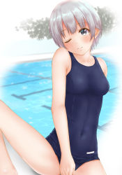 Rule 34 | 1girl, absurdres, blush, bob cut, ca paria, closed mouth, grey hair, highres, idolmaster, idolmaster cinderella girls, legs, looking at viewer, one-piece swimsuit, one eye closed, otokura yuuki, pool, poolside, resolution mismatch, school swimsuit, short hair, sitting, smile, solo, source smaller, swimsuit, thighs, unfinished, sketch background