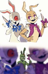 Rule 34 | 1boy, 1girl, animal costume, axe, blood, bodysuit, bow, bowtie, five nights at freddy&#039;s, five nights at freddy&#039;s: help wanted, five nights at freddy&#039;s: security breach, five nights at freddy&#039;s 3, fullbban g, furry, furry female, glitchtrap, highres, injury, jacket, knife, looking at another, mask, open mouth, purple eyes, rabbit costume, red eyes, ribbon, smile, sparkle, springtrap, teeth, upper body, vanny (fnaf), weapon