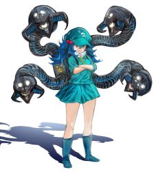 Rule 34 | 1girl, :d, backpack, bag, blue eyes, blue footwear, blue headwear, blue skirt, boots, copyright request, crossed arms, fang, full body, grin, highres, kawashiro nitori, marvel, mechanical tentacles, megame (okbnkn), miniskirt, open mouth, simple background, skirt, smile, solo, tentacles, touhou, white background