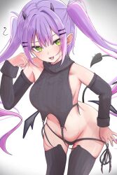 Rule 34 | 1girl, alternate costume, bare shoulders, black panties, black sleeves, black sweater, blush, breasts, c1p122, commentary request, demon girl, demon horns, demon tail, detached sleeves, green eyes, hair ornament, hairclip, hand up, highres, hololive, horns, leaning forward, long hair, looking at viewer, medium breasts, meme attire, navel piercing, open mouth, panties, panty pull, piercing, pulling own clothes, purple hair, ribbed sleeves, ribbed sweater, side-tie panties, simple background, smile, solo, sweat, sweater, tail, tail ornament, tail piercing, tokoyami towa, twintails, underwear, virgin destroyer sweater, virtual youtuber, white background