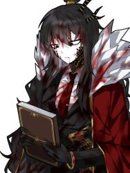 Rule 34 | 1girl, black gloves, black hair, black jacket, blood, blood from mouth, blood in hair, blood on clothes, blood on face, book, coat, coat on shoulders, collared shirt, commentary, dragon horns, fur-trimmed coat, fur trim, gloves, gold trim, hair bun, highres, holding, holding book, horns, jacket, library of ruina, long hair, long sleeves, n (wykh4laaxa7w1kk), necktie, project moon, red coat, red eyes, red necktie, scales, shirt, sidelocks, simple background, solo, tie clip, very long hair, white background, white shirt, xiao (project moon)