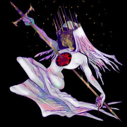 Rule 34 | angel, black background, blood, blood on hands, colored skin, covering face, crown, greatsword, heart, highres, holding, holding sword, holding weapon, injury, light particles, maybelsart, monster girl, multiple wings, original, piercing, seraph, shine, sword, weapon, white skin, wing-shaped hair, wings