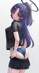 Rule 34 | 1girl, absurdres, ass, black shirt, black skirt, blue archive, blue buruma, blue eyes, blue hair, blush, breasts, buruma, facial mark, gradient background, grey background, gym uniform, halo, highres, kano (wi3028), long hair, looking at viewer, medium breasts, official alternate costume, open mouth, parted bangs, pleated skirt, shirt, short sleeves, skirt, solo, star (symbol), star facial mark, sweatdrop, thighs, yuuka (blue archive), yuuka (track) (blue archive)