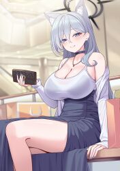 Rule 34 | 1girl, animal ears, black choker, black dress, blue archive, blue eyes, blush, breasts, choker, cleavage, closed mouth, dark halo, dress, extra ears, feet out of frame, grey hair, halo, holding, holding wallet, jewelry, large breasts, long hair, long sleeves, looking at viewer, necklace, o-los, shiroko (blue archive), shiroko terror (blue archive), sitting, smile, solo, wallet, wolf ears