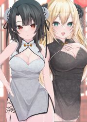 Rule 34 | 2girls, alternate costume, atago (kancolle), black dress, black hair, blonde hair, breasts, bun cover, china dress, chinese clothes, cleavage, cowboy shot, dress, green eyes, hand on own chest, highres, kantai collection, large breasts, long hair, multiple girls, red eyes, short hair, takao (kancolle), white dress, yoshino (mfmfpng)
