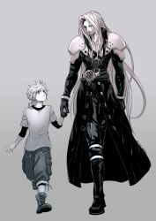 Rule 34 | 2boys, armor, baggy shorts, belt, black jacket, blue eyes, boots, chest strap, cloud strife, ery aizawa, final fantasy, final fantasy vii, final fantasy vii remake, gloves, grey background, highres, holding hands, jacket, layered shirt, long coat, long hair, low ponytail, multiple boys, sephiroth, shirt, shoulder armor, spiked hair, square enix, straight hair, t-shirt, white shirt, aged down